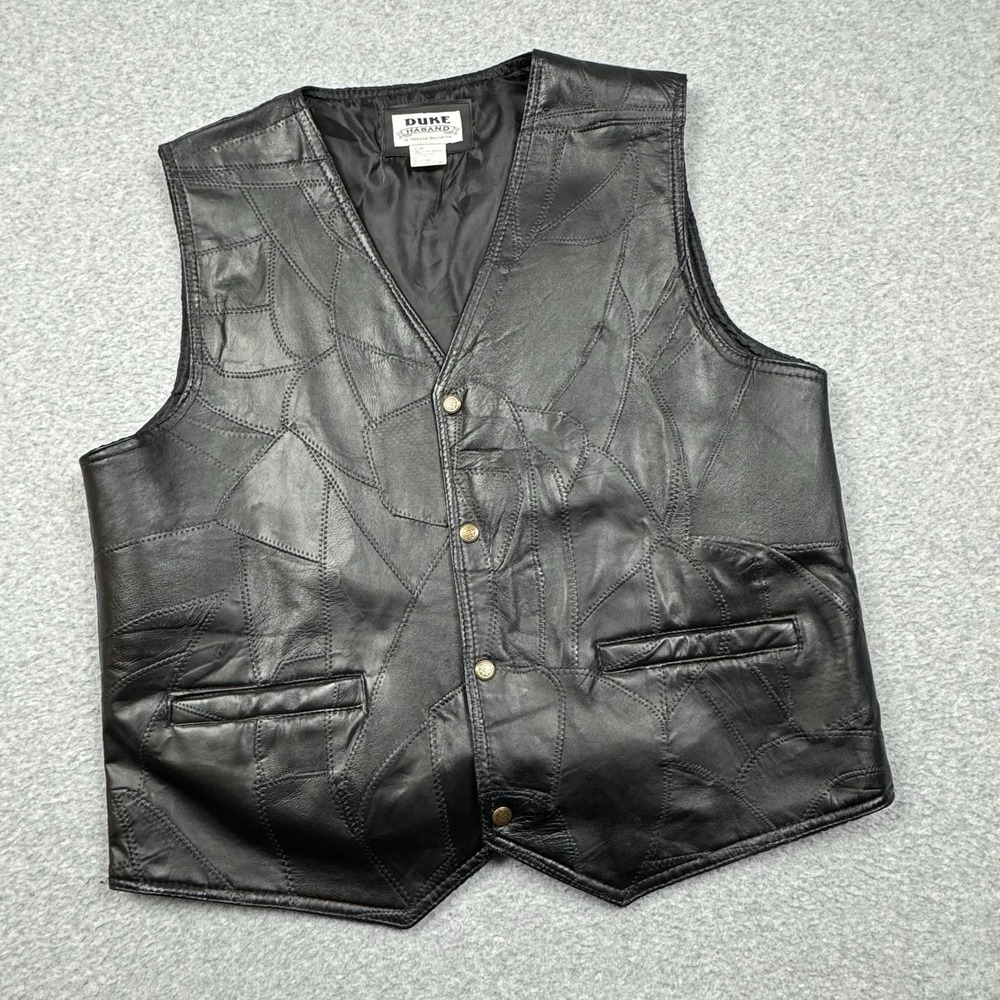 Haband DUKE Leather Vest Men's Large Black Patchwork Biker Western Goth Vamp EUC